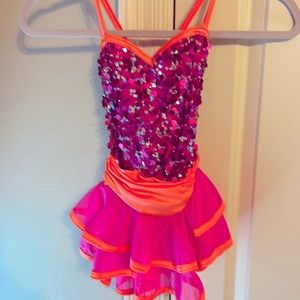 Costume Gallery CS electric orange and pink leotard with sequins